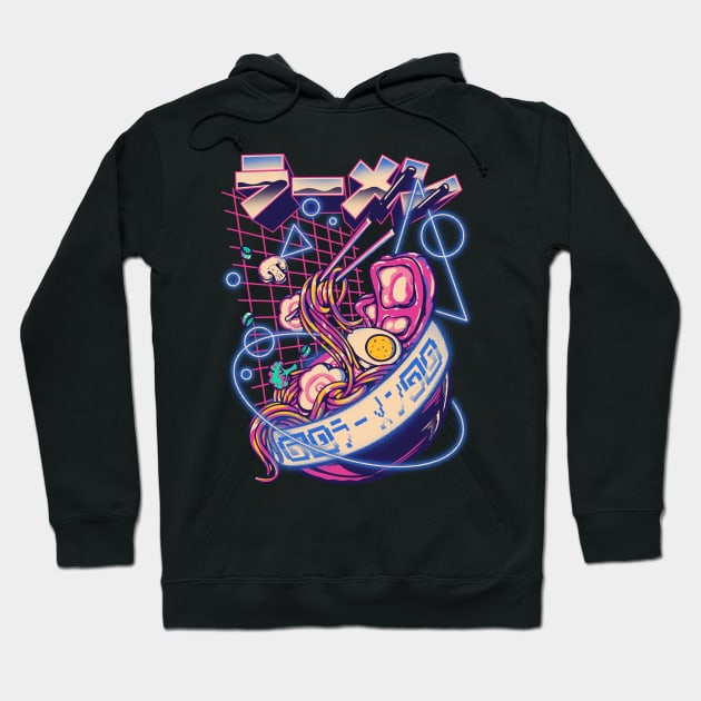 Retrowave Ramen With Geometric Blue Neon elements, Retro Ramen Cute Ramen Bowl - Kawaii ラーメン Cyberpunk Vaporwave Synthwave synth 80s 90s digital gaming style Hoodie by anycolordesigns